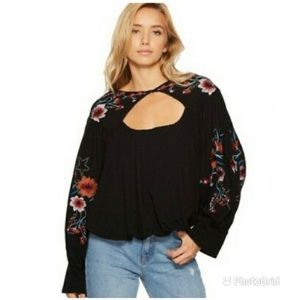 Free People Floral Embroidery Black Blouse